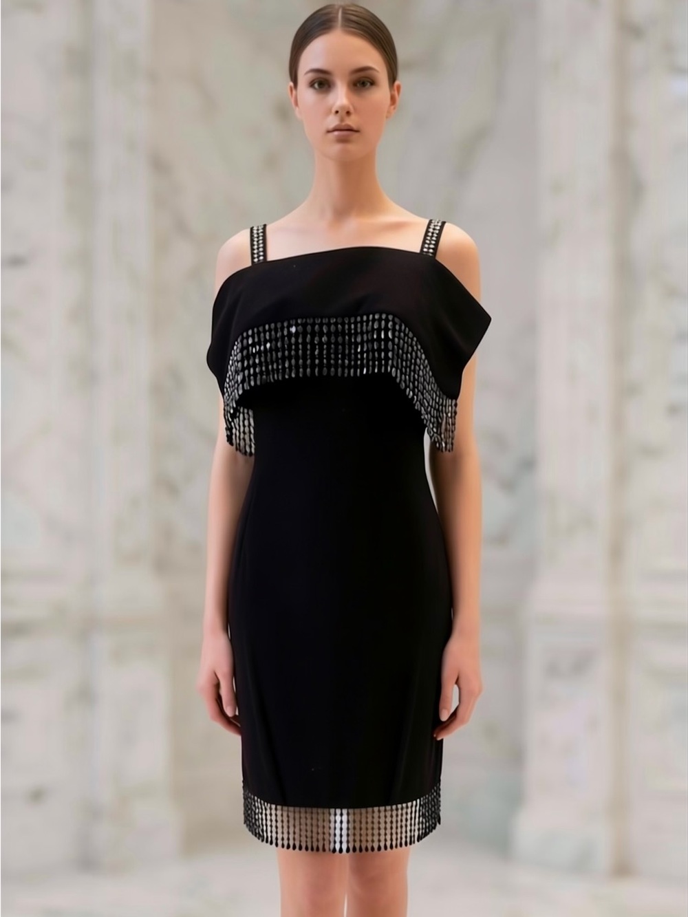 Vintage Victor Costa Black Beaded Fringe Cocktail Dress